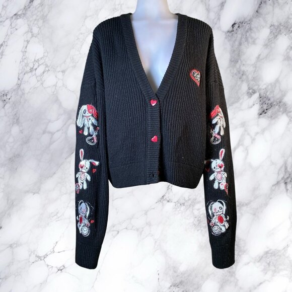 HOT TOPIC Social Collision Stitched Bunnies Girls Cardigan - Black - Picture 1 of 12